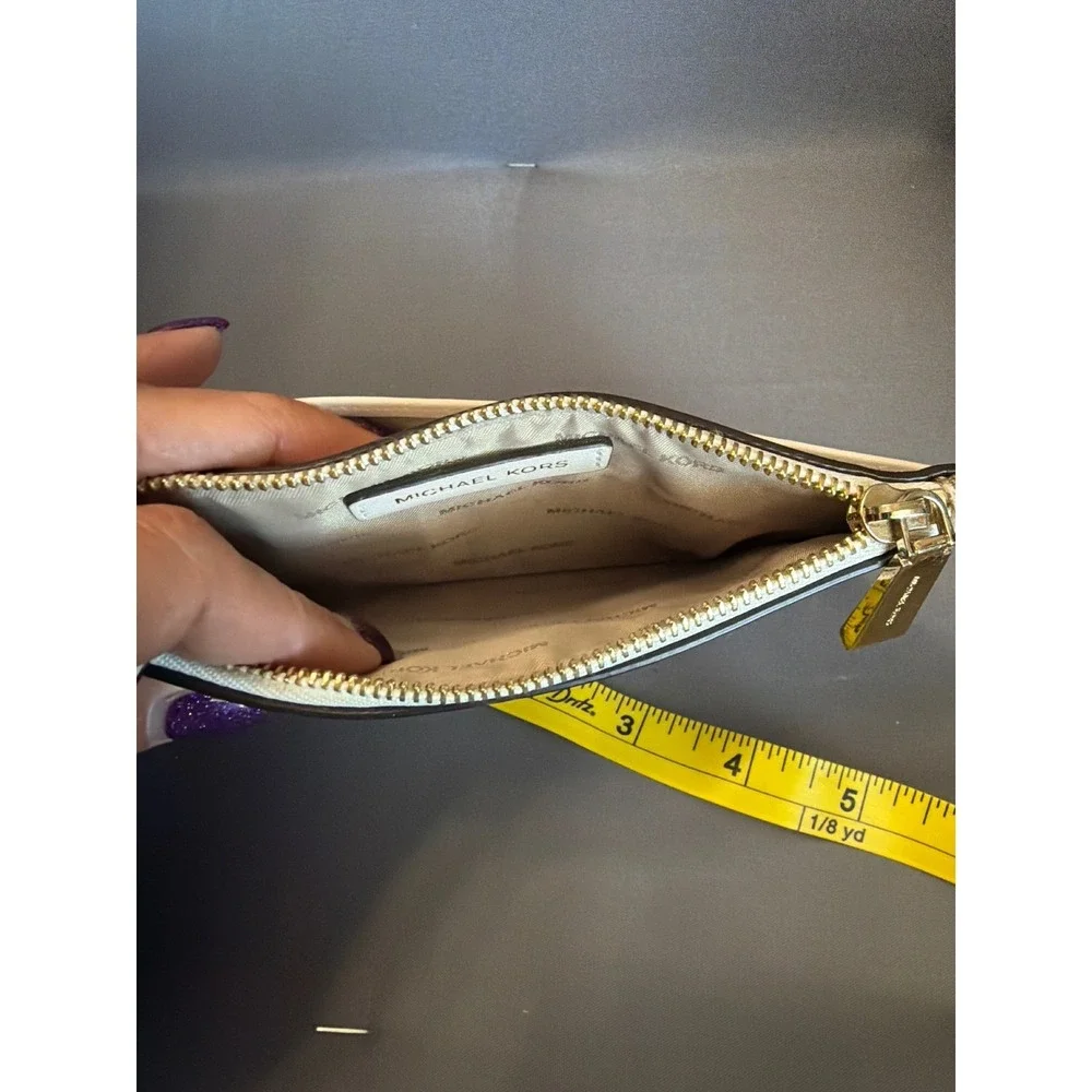 Michael Kors Slim Card Case Wallet Gold Floral Cream Leather Zip Key Ring